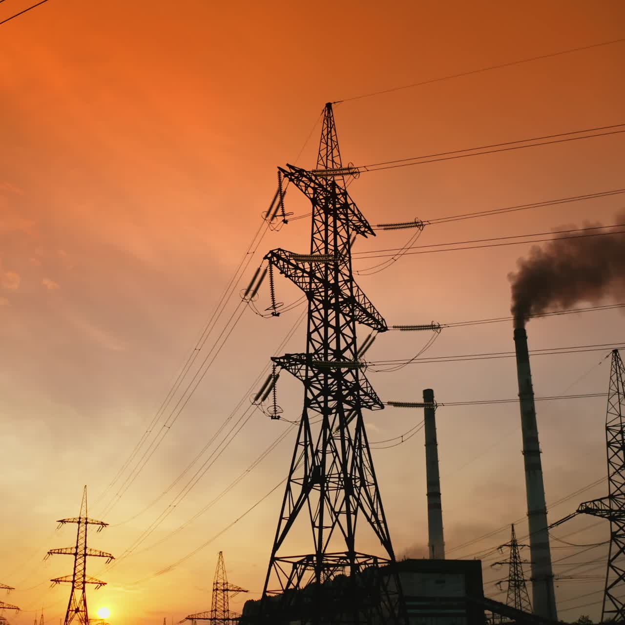 High voltage power station. High voltage electric line during sunset