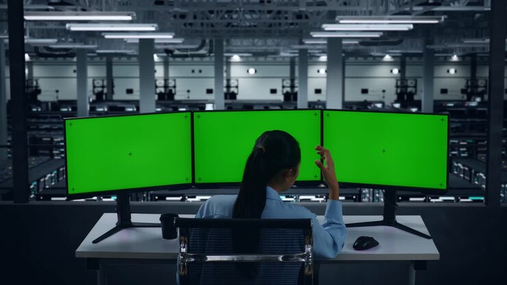 Back View Of Asian Woman Having Headache While Working With Mock Up Multiple Computer Monitor In Data Center