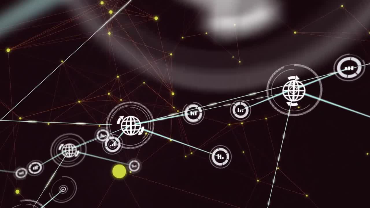 Animation of network of connections with digital icons over yellow spots