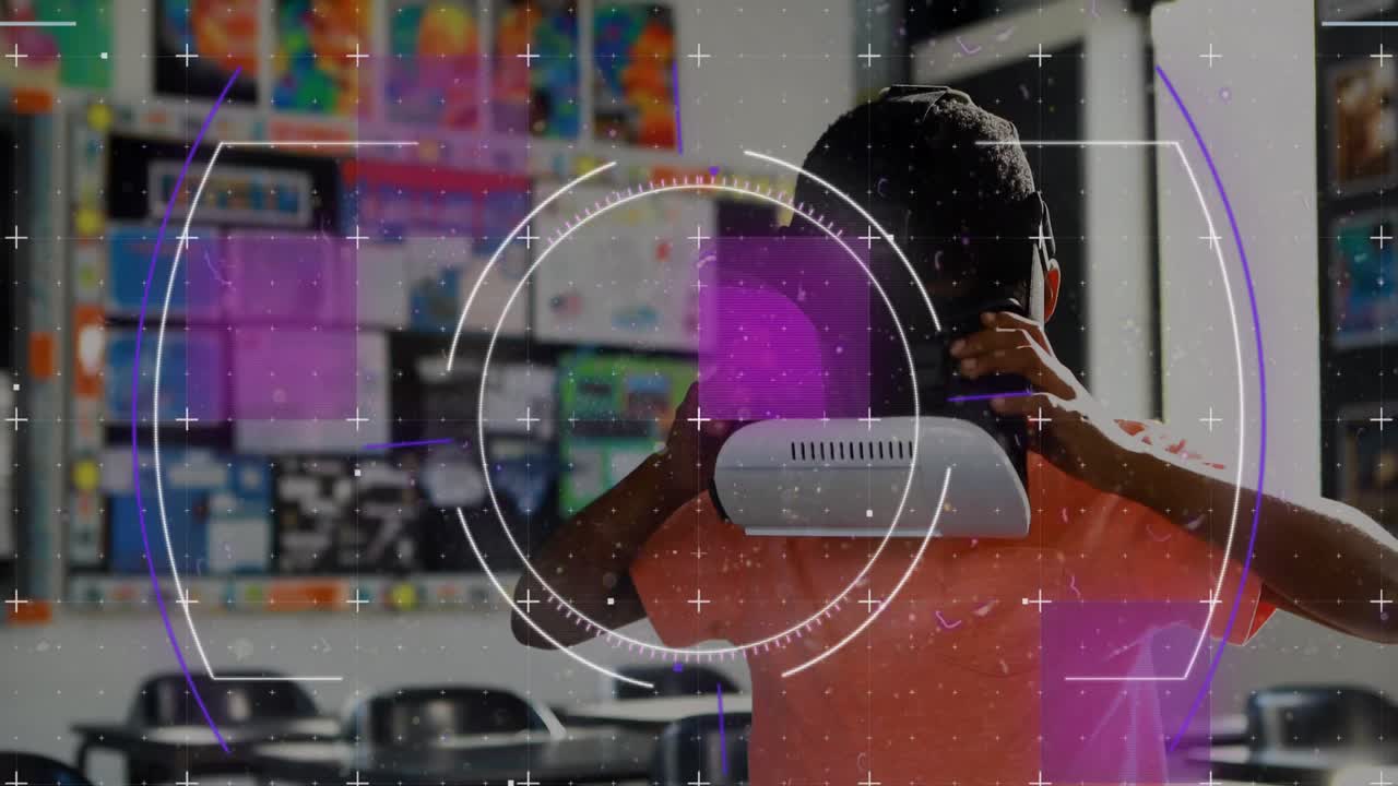 학교에서 vr 헤드 ⁇ 을 착용한 아프리카계 미국인 소년에 대한 그리드 네트워크를 통해 스캔 범위