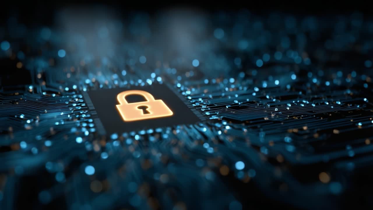Exploring Cybersecurity: An Intricate Close-Up of a Lock Icon Set Against a Network of Blue Circuitry, Emphasizing Digital Protection and Encryption Technologies