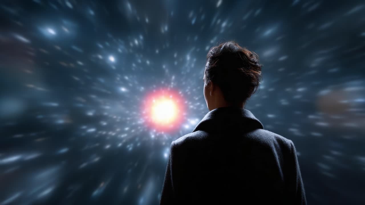 Un viaggio nel tempo e nello spazio: una figura contempla la vastità dell'universo, passando dall'oscurità alla luce brillante in una trasformazione mistica