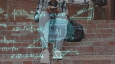 animación del cerebro con texto ai y ecuaciones matemáticas sobre estudiante biracial usando teléfono inteligente