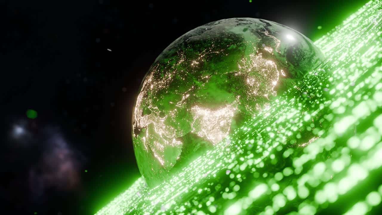Earth showing illuminated regions of South Asia, East Asia, with green digital particles in outer space. India, China. 3D rendering with night lights and energy wave. technology global connection