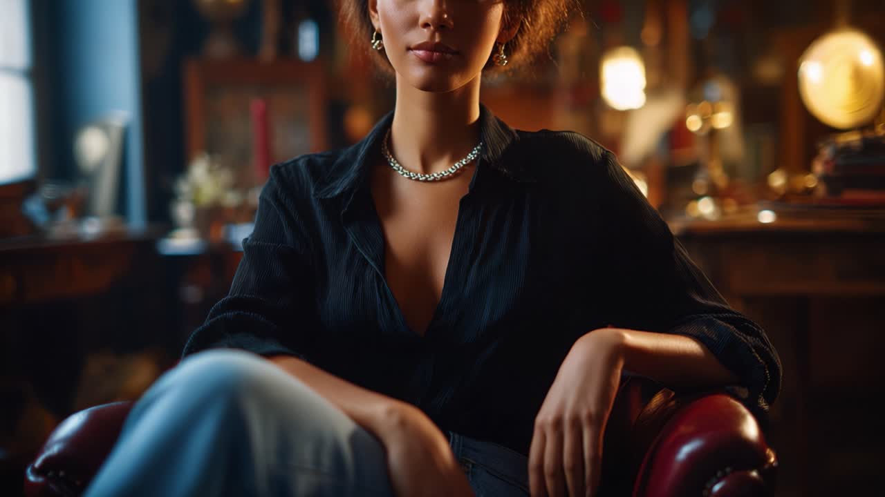 Femme élégante posant dans un décor vintage avec une tenue stylée et une expression pensive, révélant une ambiance intime et une esthétique unique sous un éclairage doux.