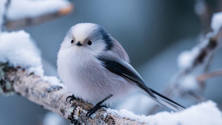 A Charming Long-Tailed Tit Nestled on a Snow-Covered Branch, Showcasing Delicate Feathers and Winter's Embrace in a Serene Natural Setting
