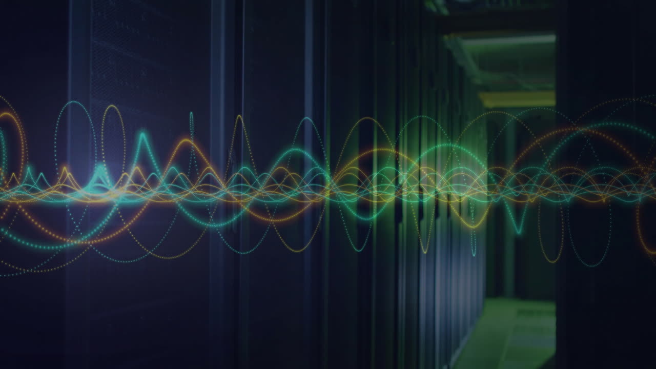 Colorful waveforms animation over server racks in data center