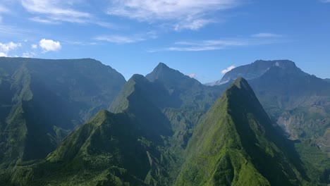 aerial view from drone of mafate reunion island travelling through the circus