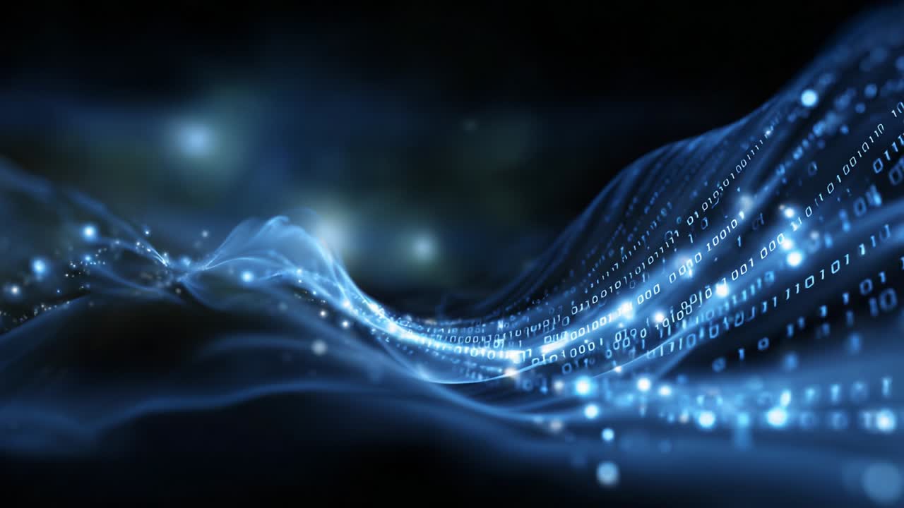 A stunning visual representation of digital waves, showcasing a fluid motion filled with streams of binary code and shimmering lights, embodying the essence of technology and data flow in a captivating manner