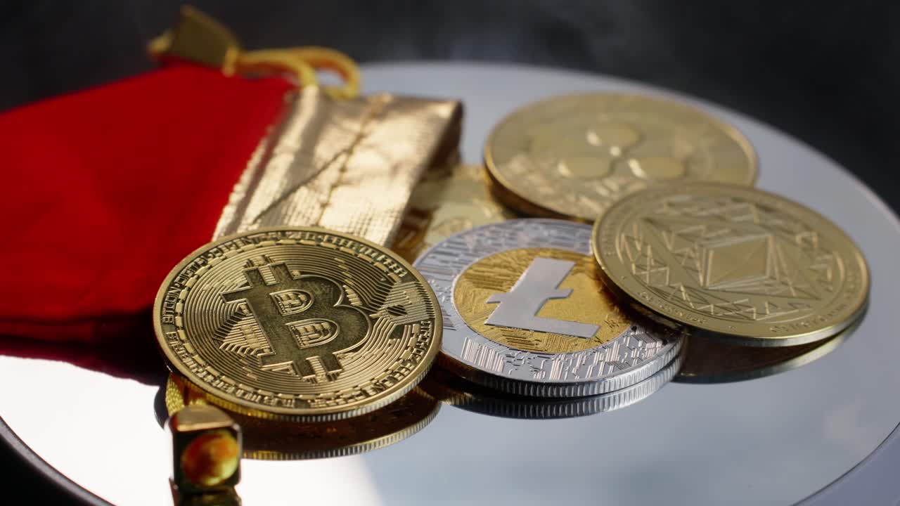 Smoke drifts over symbolic coins representing cryptocurrency bitcoin, ripple, litecoin, and ethereum rotating on silver turntable.