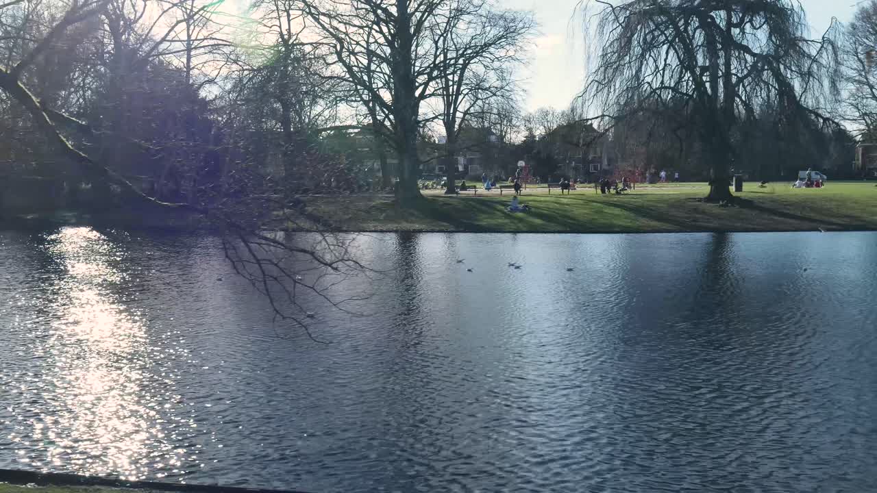 Fredfyldt parkscene med dam, nøgne træer og fjerne mennesker