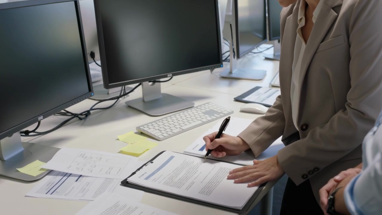 Showing woman in beige blazer pointing at office monitors after cue signing clipboard, copy space