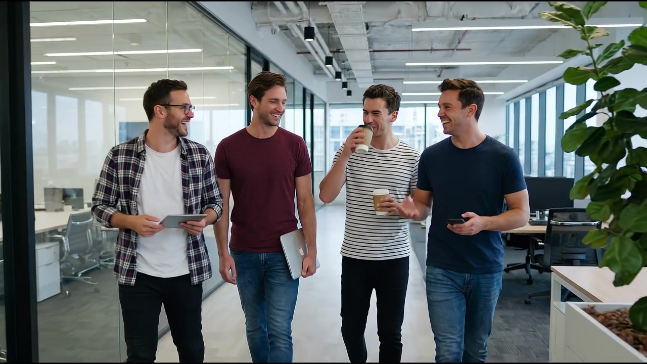 Jóvenes colegas creativos caminando por un pasillo de oficina moderno mientras discuten proyectos y tecnología.