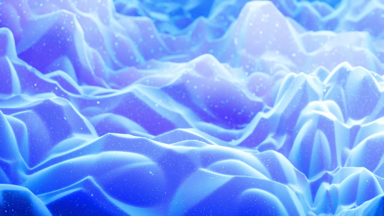 Onde astratte di materiale opaco blu tenue con un leggero bagliore interno e glitter su superficie che si trasforma. Superficie geometrica astratta simile a un paesaggio o terreno, estrusione o spostamento di rumore 3D. Loop 4k.