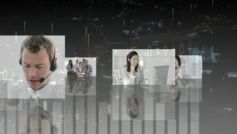 animation of statistics and data processing over business people using phone headset