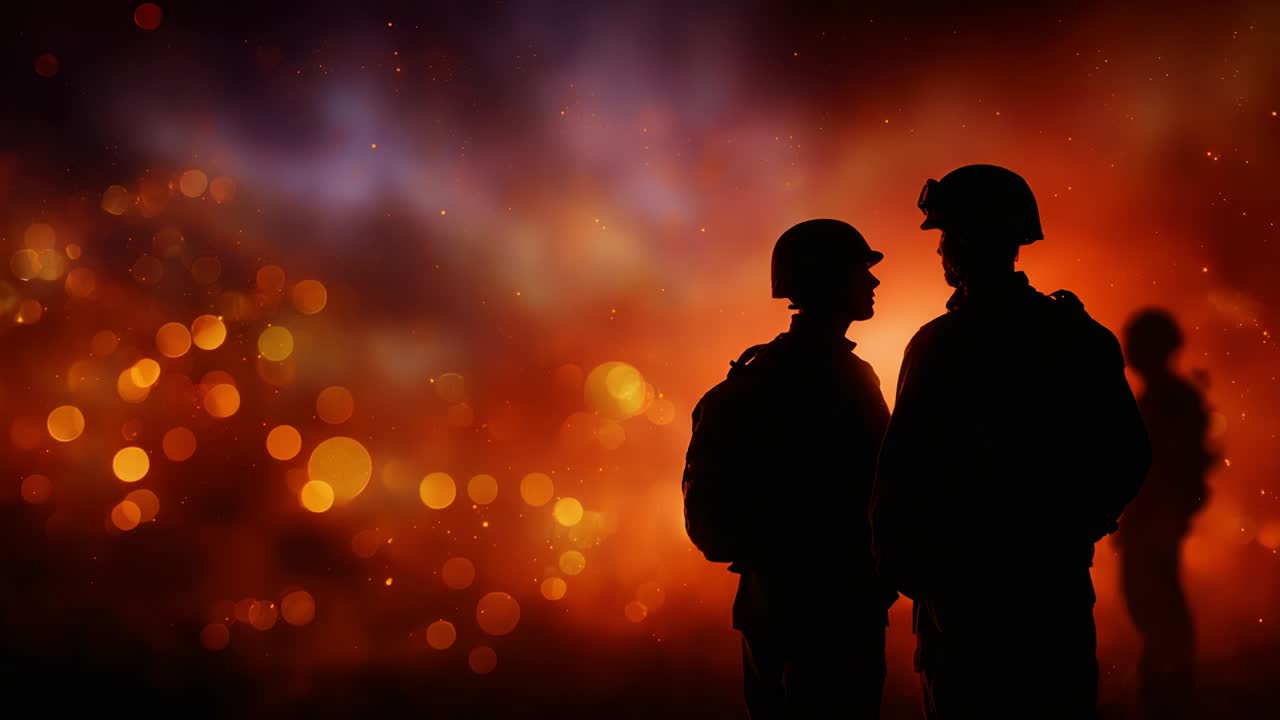 In a scene filled with vivid colors and striking contrasts, two soldiers stand together against an enchanting backdrop of glowing flames and blurred lights, creating a powerful image of camaraderie and courage amidst chaos