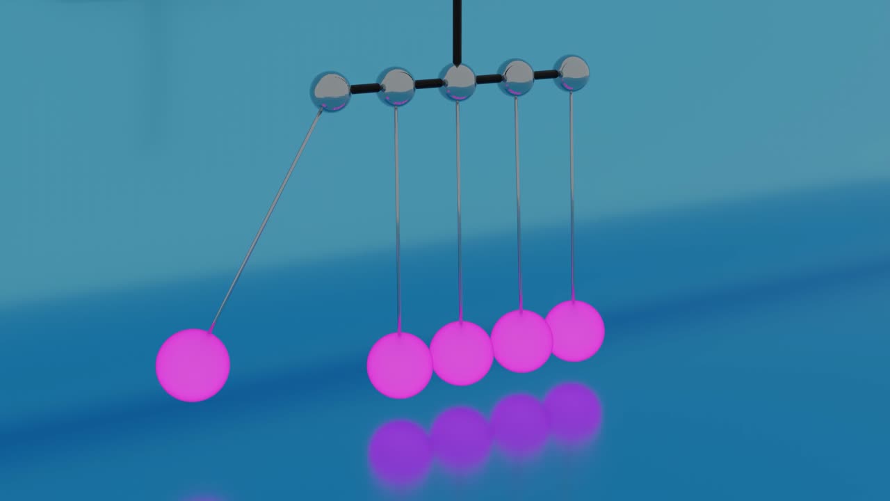 뉴턴 크레들 (newton cradle) 또는 책상 장난감 들럼 (pendulum) - 느린 동작, 추상적인 균형 잡는 뉴턴 공의 클로즈업, 편안한 효과, 완벽한 루프