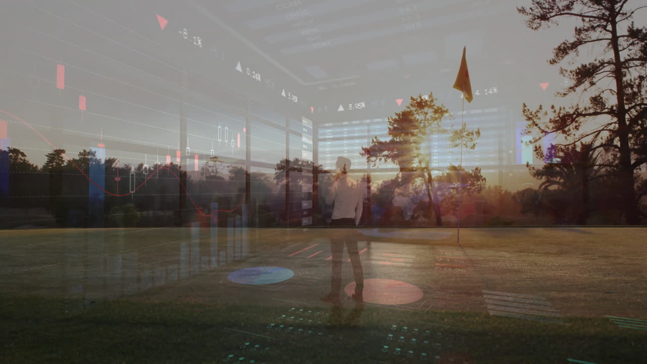 Putting on course, golfer with animation of financial data charts overlaying scene