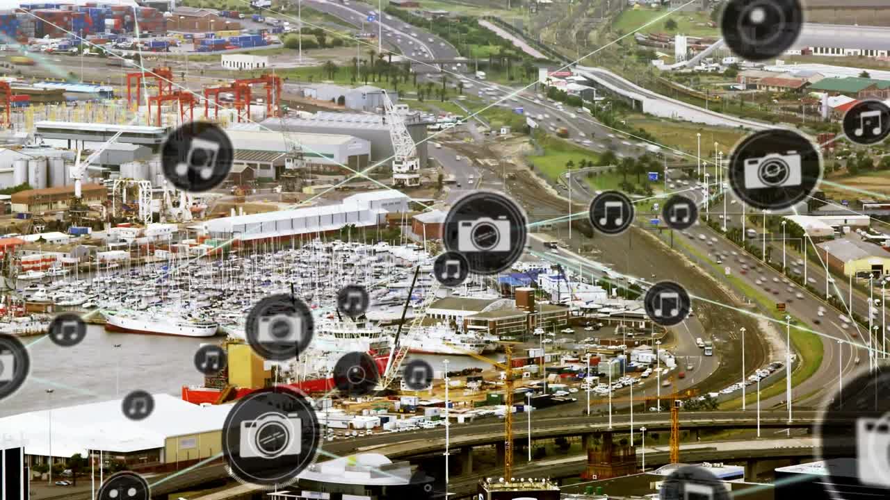 디지털 아이콘의 네트워크의 애니메이션 도시 교통의 공중 전망에 대하여