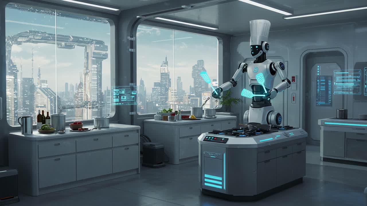 A Futuristic Kitchen with a Robotic Chef Preparing an Exquisite Meal Amidst a Stunning Cityscape, Showcasing Advanced Technology and Culinary Innovation