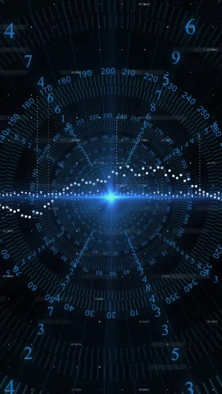 Video verticale: Punto blu che appare, avviando il pulsare dell'HUD, anelli che ruotano, forma d'onda che ondeggia per i dati