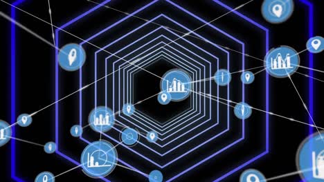 red de iconos digitales contra un túnel hexagonal azul brillante de neón sobre un fondo negro