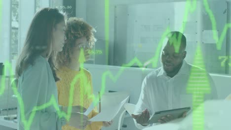 Green-graph-and-upward-arrows-over-diverse-colleagues-with-tablet-discussing-at-casual-office