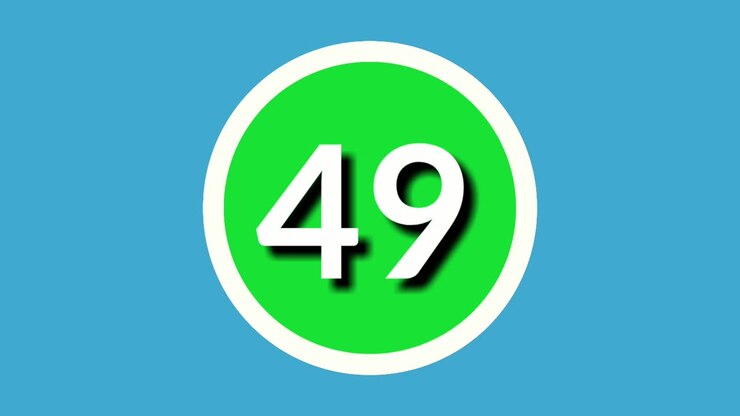 Numero 49 quarantanove, simbolo animazione grafica in movimento su sfera verde su sfondo blu, numero video cartone animato 4K per elementi video