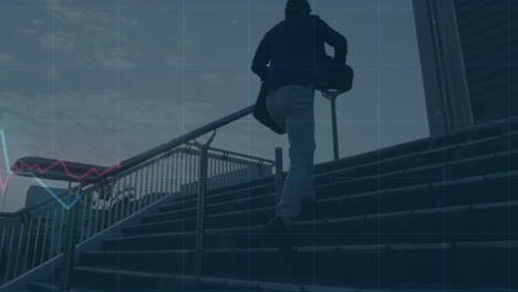 animación de procesamiento de datos sobre hombre de negocios caucásico en las escaleras