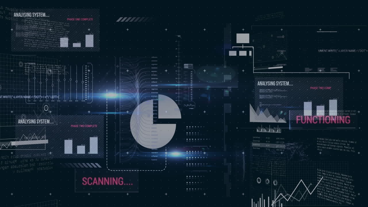 animación de múltiples iconos sobre textos, gráficos y lenguaje informático contra un fondo negro