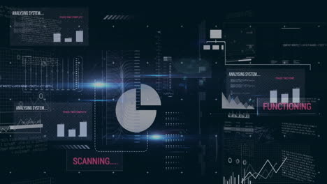 Animation of multiple icons over texts, graphs and computer language against black background