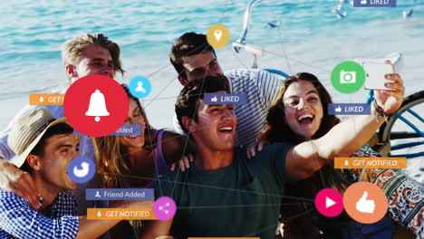 animation of social media icons and network of connections over diverse people taking selfie