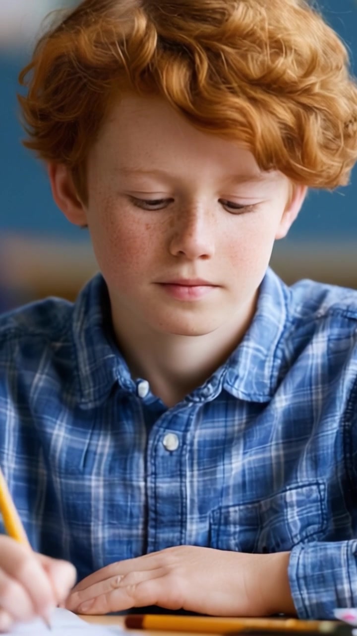 Un giovane ragazzo pensieroso con capelli rossi ricci, concentrato sulla sua scrittura, che mostra attenzione e creatività in un ambiente di apprendimento coinvolgente.