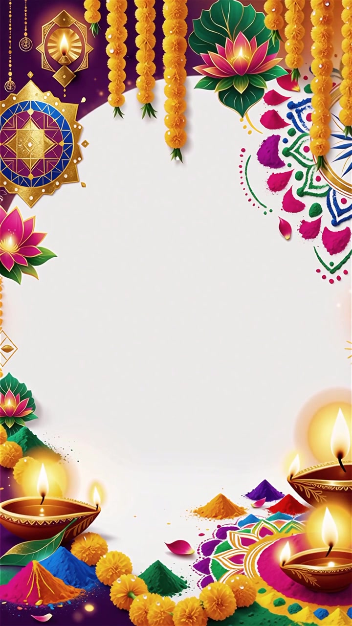 Sfondo Diwali con Diyas luminosi, Rangoli e fiori di loto