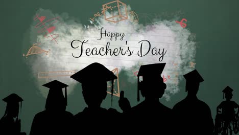 Animation-of-happy-teachers-day-text-and-silhouettes-of-students-on-green-background