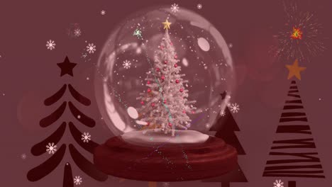 Animation-of-snow-falling-over-christmas-snow-globe-and-trees