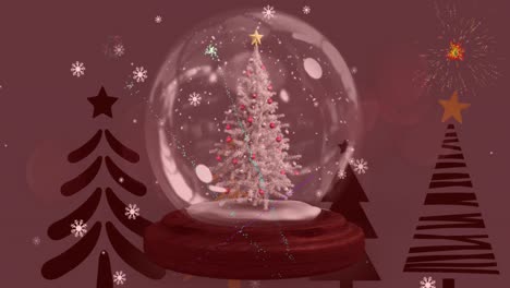 animation of snow falling over christmas snow globe and trees