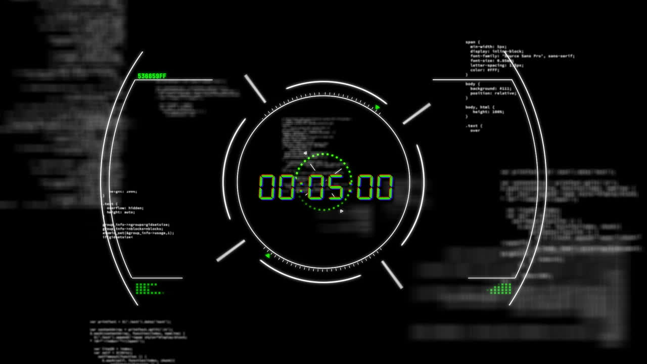 Animation of green digital timer changing with scope and data processing on black background