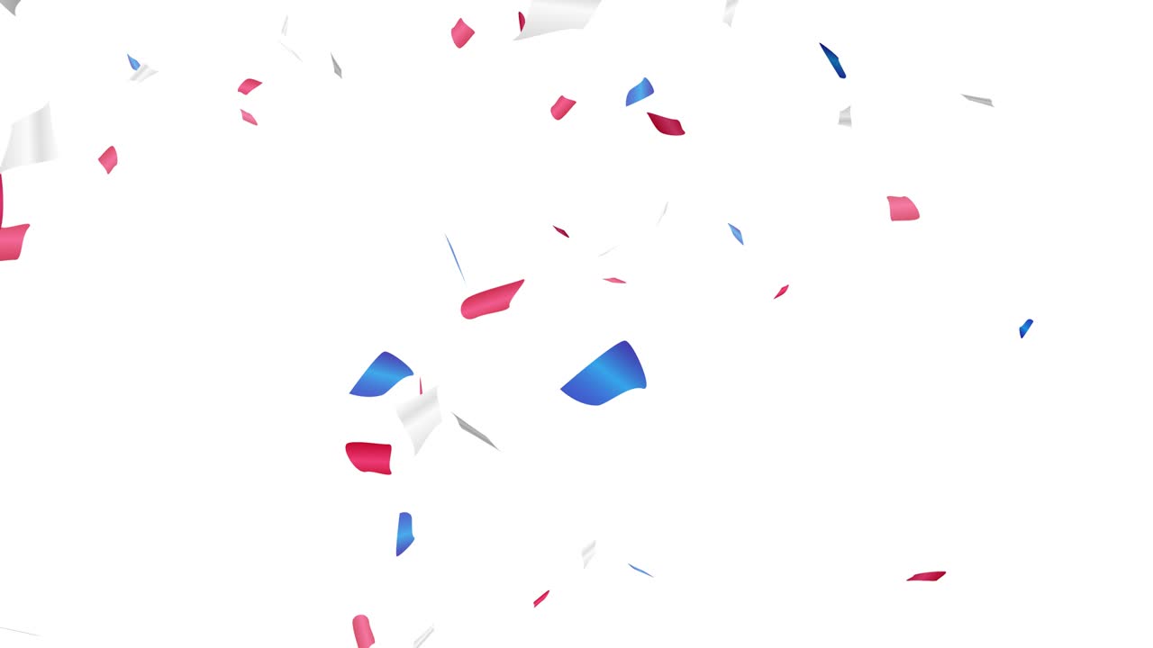 Animation moving red, white, blue confetti on white background. Flying confetti in colors of USA flag. American Independence Day, President Day, Memorial Day. Alpha channel. 4K seamless loop