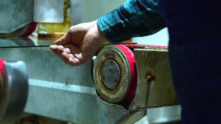 A worker at glass manufacturing industry, passing the glass sheets on conveyor belt of the high precision polishing machine