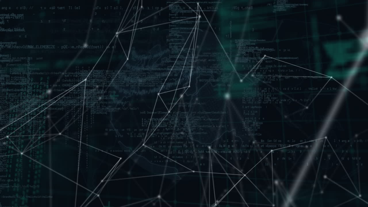 Animation of network of connections and data processing over black background
