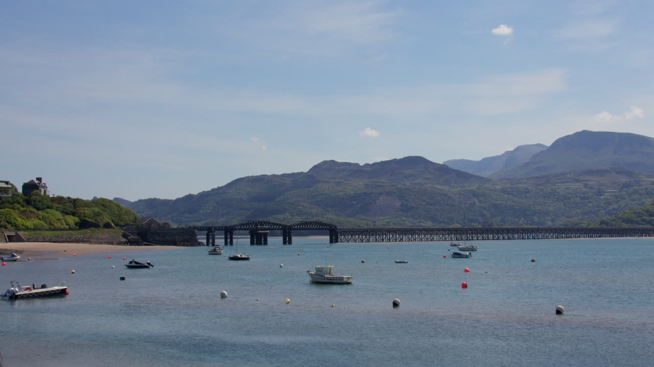 Extra Wide shot of the north end of Barmouth rail bridge,