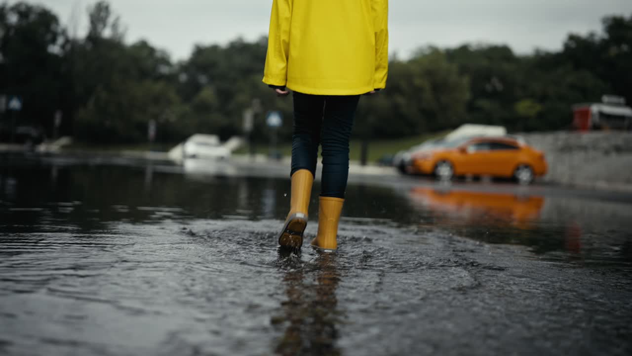 Rear view of a teenage girl in a yellow jacket and orange rubber boots walking through a large puddle and pushing water while walking after the rain on the street