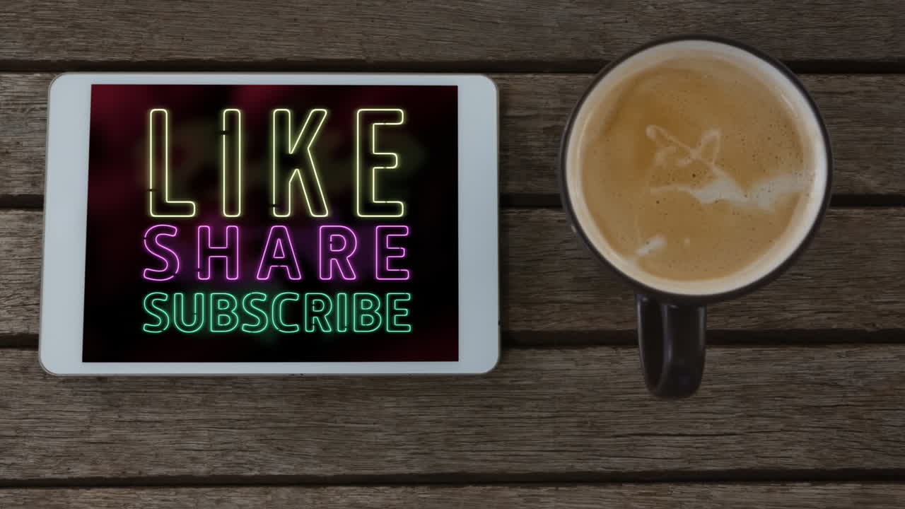 디지털 태블릿에서  ⁇ 박이는 공유 및 구독과 같은 네온 스타일 단어의 애니메이션