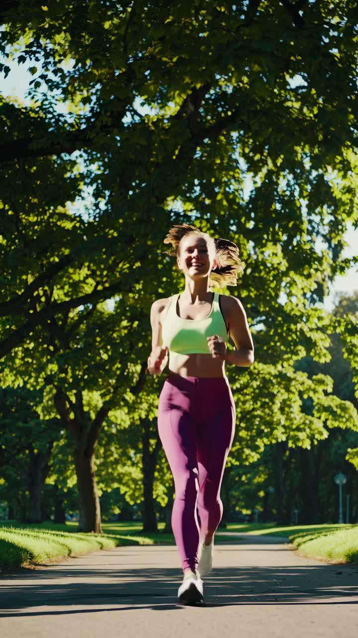 Video con inquadratura dal basso di una donna che fa jogging in un parco soleggiato, evidenziando fitness e natura