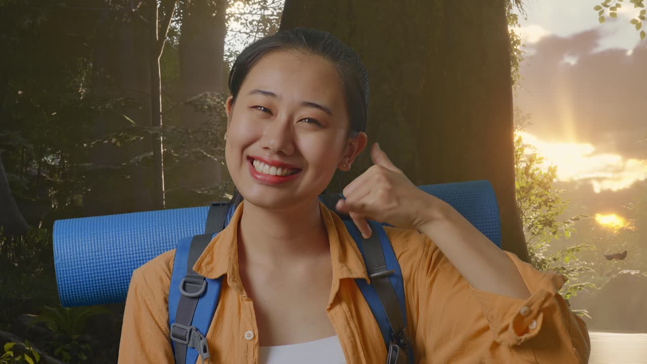 산악 배을 들고 있는 아시아 여성 하이커가 미소 짓고 숲의 자연을 탐험하는 동안 내게 전화하는 몸짓을 보여준다.