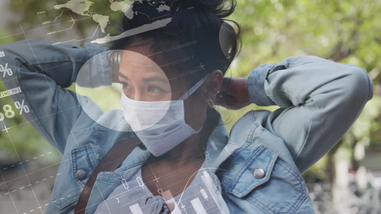 animación de estadísticas de covid-19 y procesamiento de datos sobre una mujer poniendo una máscara facial en el parque