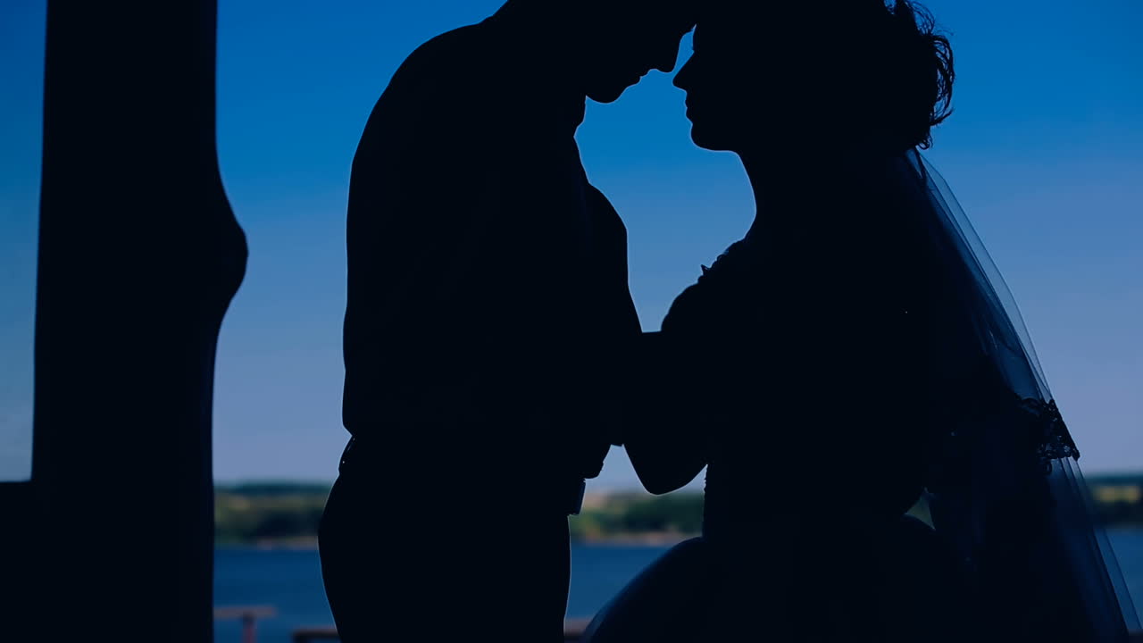 Silhouette of couple in love. Silhouette of bride and groom posing during sunset