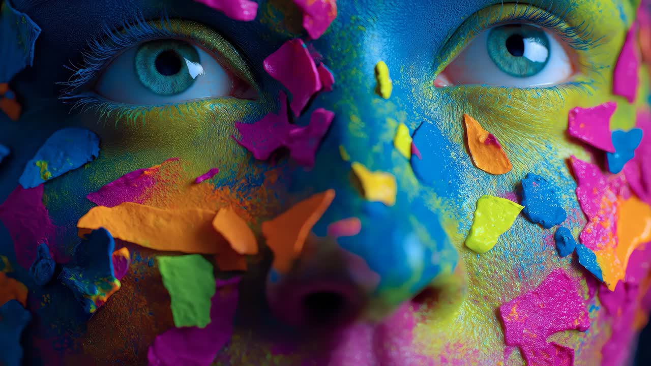 Close up of face with colorful paint flakes