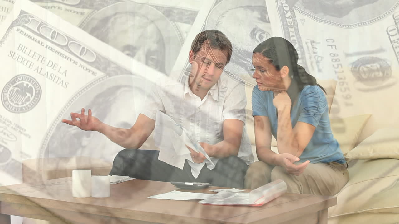 미국 달러 에 대한 서류 를 들고 있는 백인 부부 의 애니메이션